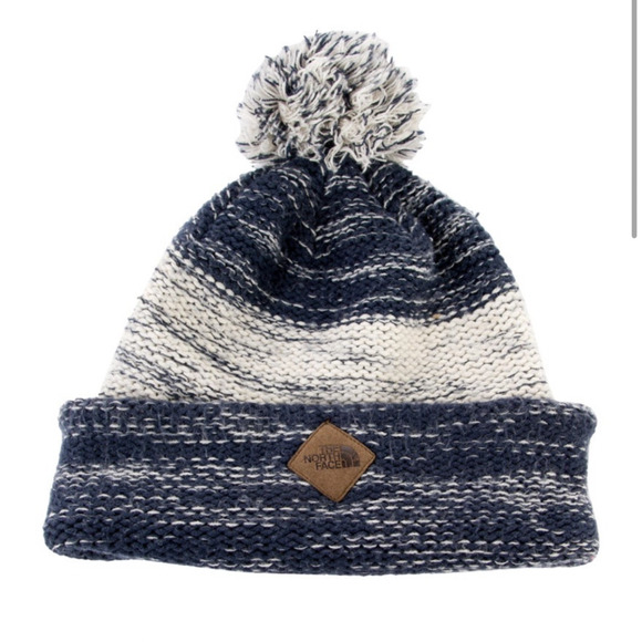 North Face Hat Beanie Pom Pom Knit Blue White Striped Winter Warm Outdoor‎ NWOT - Picture 1 of 6